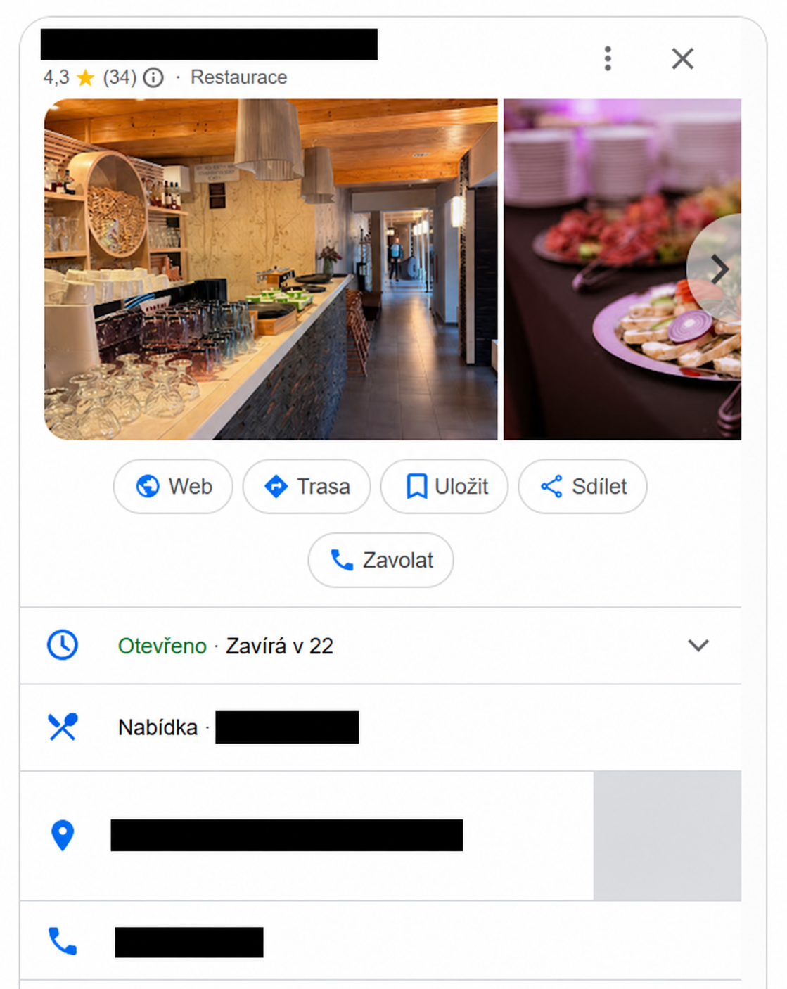 Upravený screenshot firemního profilu Google: fotografie, hodnocení 4,3 z 34 recenzí, web, nabídka a kontakt; identifikační údaje zakryty